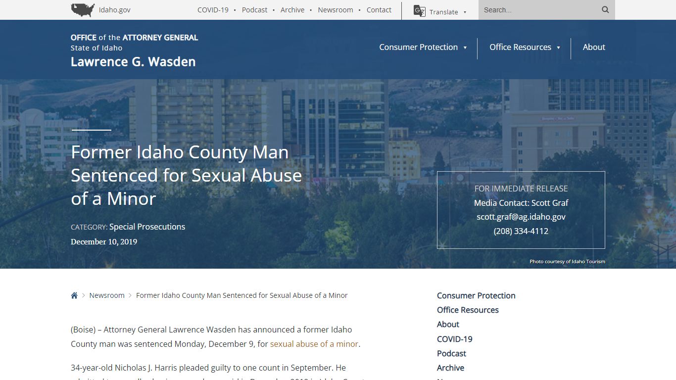 Former Idaho County Man Sentenced for Sexual Abuse of a Minor